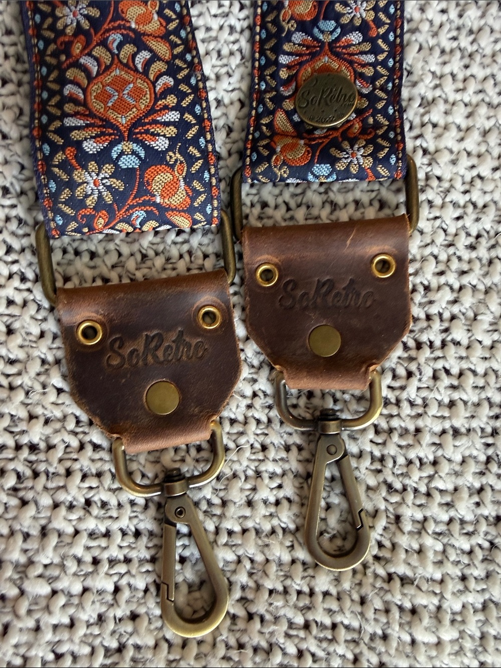 Floral Navy & Orange guitar style bag strap with Leather Trim - Picture 2 of 3